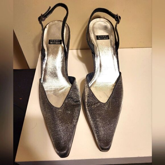 Stuart Weitzman Pewter Silk w/Swarovski Crystal Heels Pumps sz.7 Ret $345 EUC - Picture 3 of 9